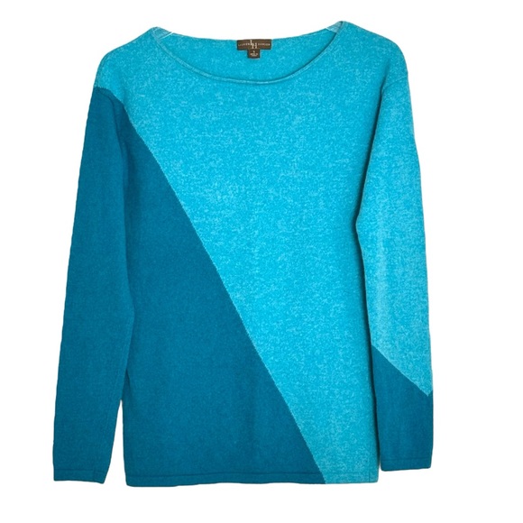 LAUREN HANSEN CASHMERE BLUE ASYMMETRICAL PRINT BLUE PULLOVER SWEATER SZ S - Picture 2 of 5